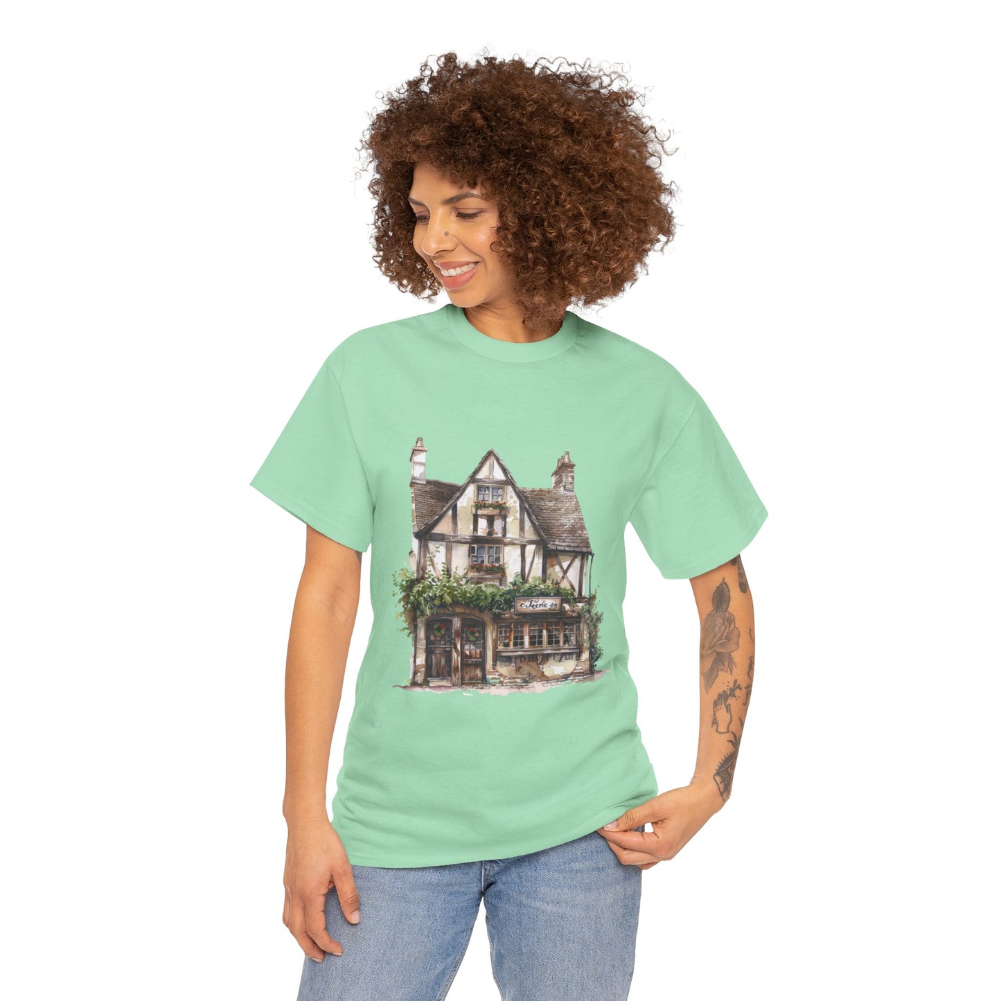 Unisex Heavy Cotton Tee - Cottages & Cobblestones - A British Village Dream