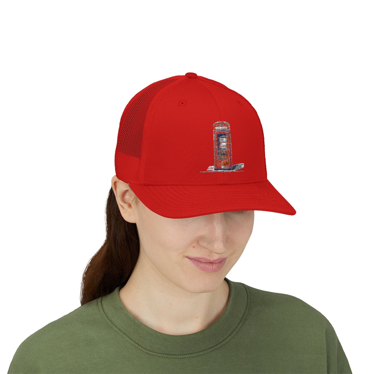 London Phone Booth Snapback Trucker Cap, Vintage Style Hat, Fun Gift for Travelers, Casual Wear, Outdoor Activities
