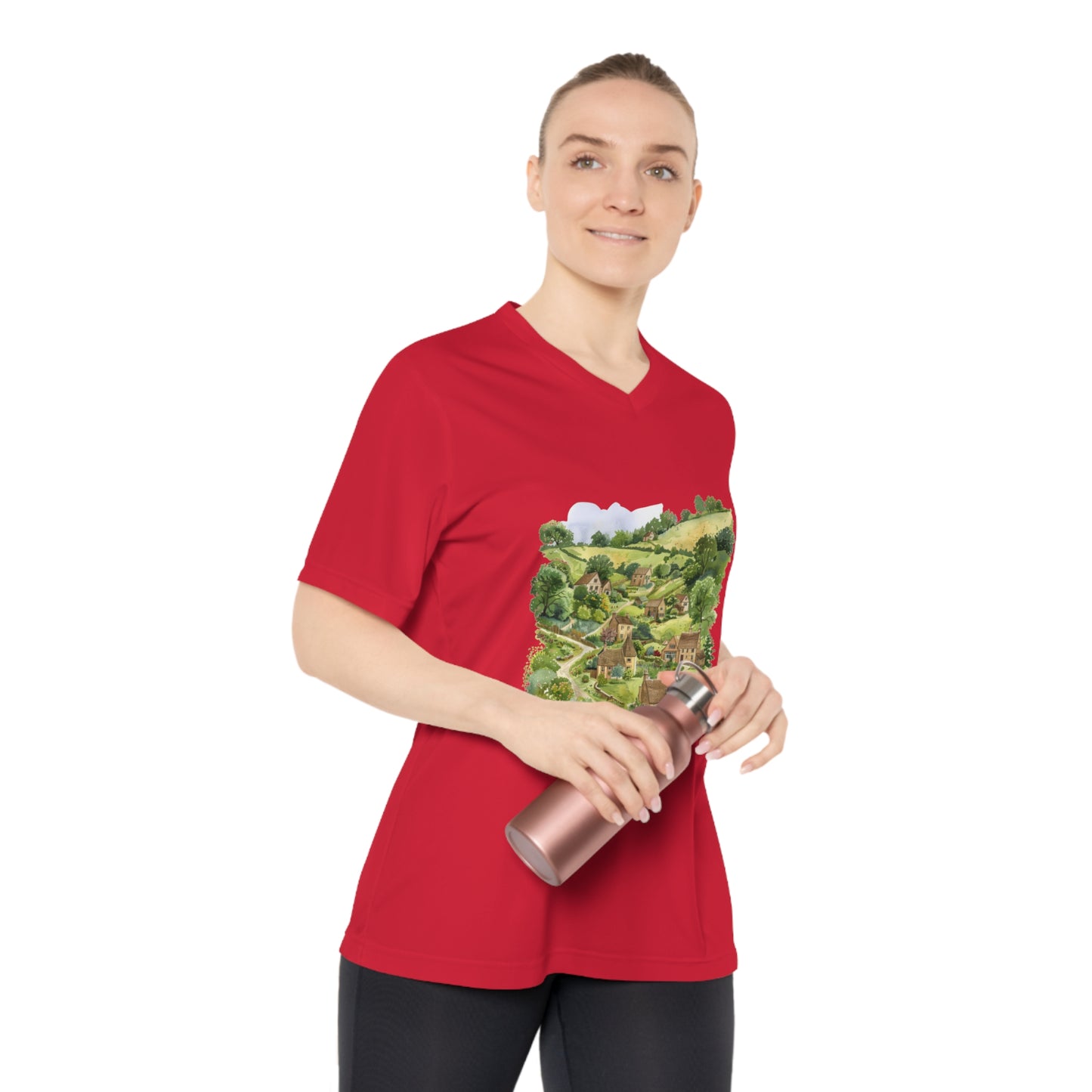 Women's Performance V-Neck T-Shirt - Cozy Countryside Design for Nature Lovers