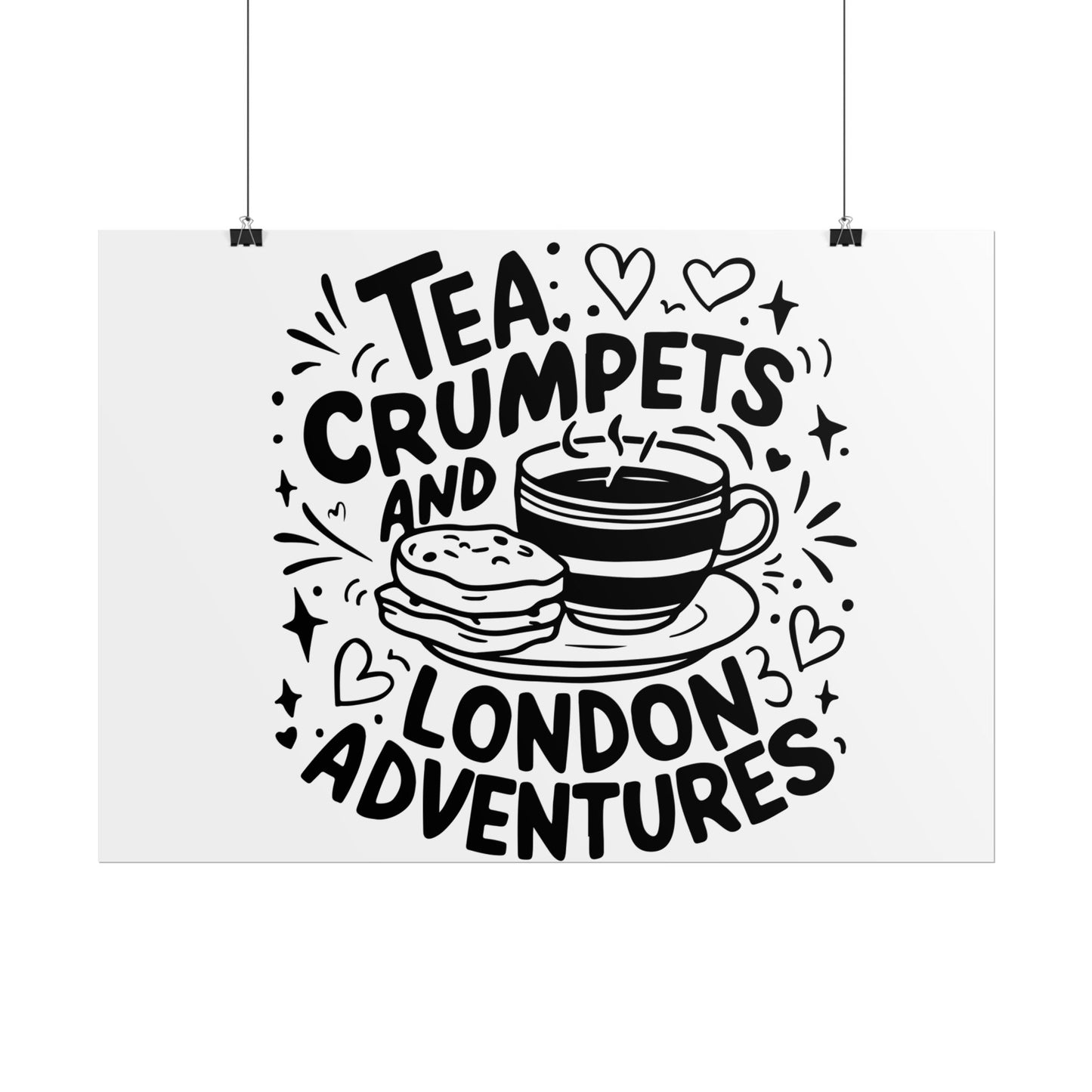 London Adventure Tea Crumpet Rolled Poster, Cute Wall Art, Gift for Tea Lovers, Home Decor, Travel Enthusiasts