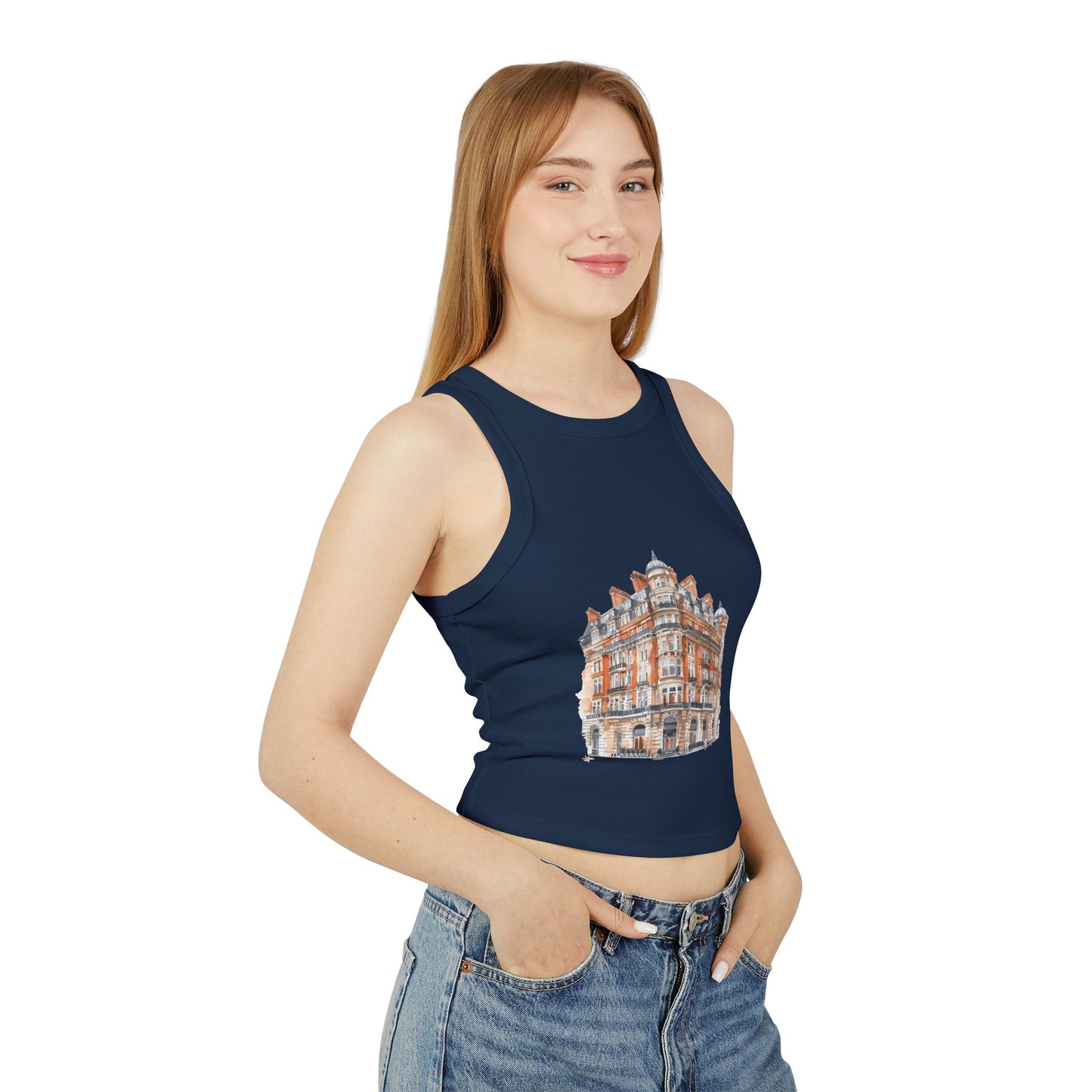 Women's Micro Rib Racer Tank Top - British Vintage Building - Architectural Charm and Classic Appeal