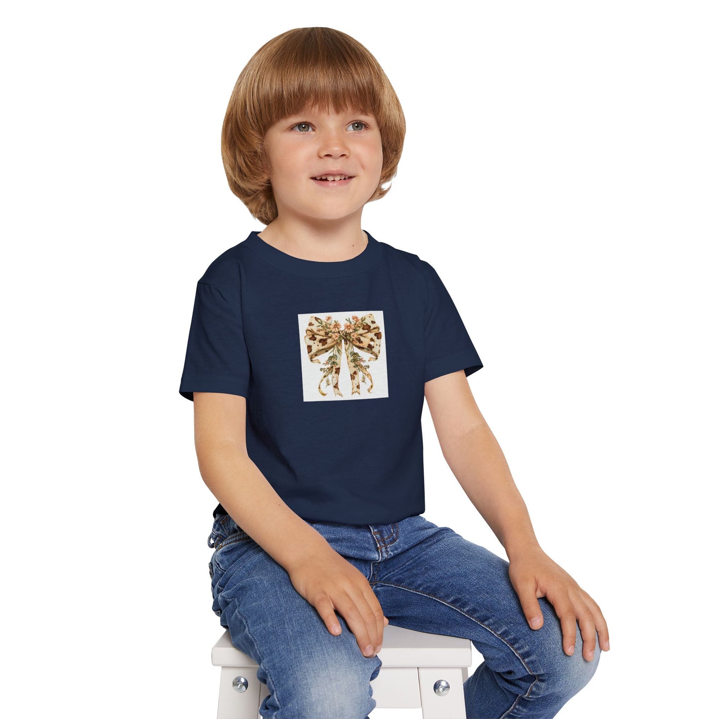 Toddler T-Shirt - Country Style Cow Print Bow with Wildflowers - Cute Kids Shirt for Celebrations