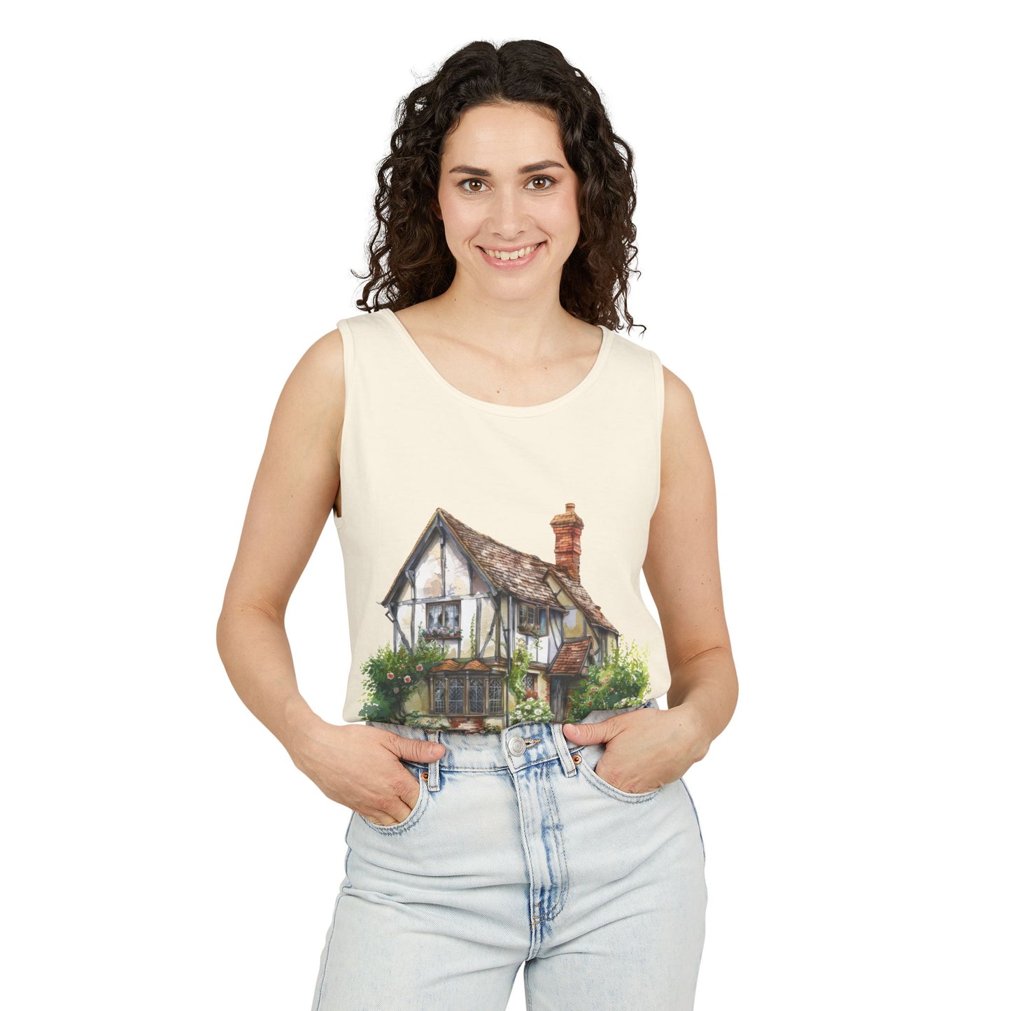 Unisex Garment-Dyed Tank Top - Charming English Cottage Illustration Print