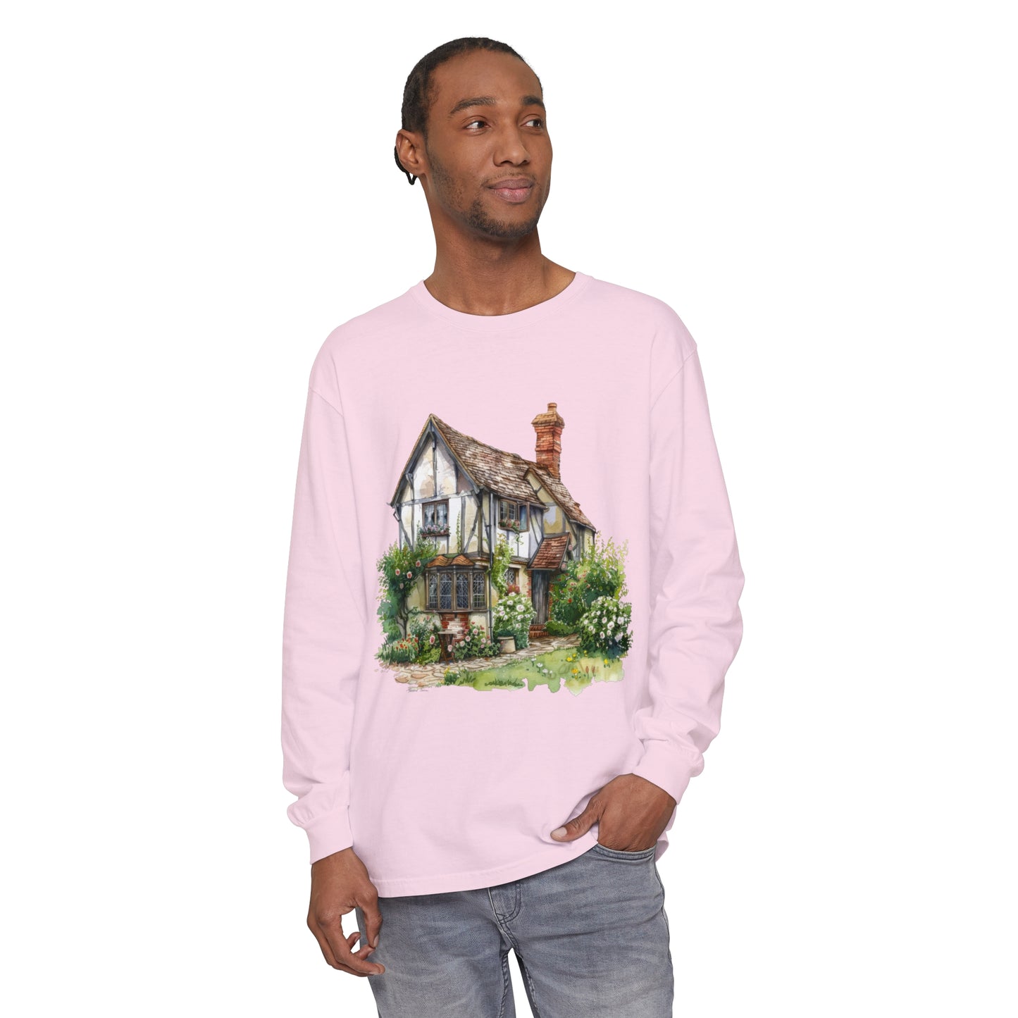 Unisex Garment-dyed Long Sleeve T-Shirt - Charming British House - Classic Design and Warmth