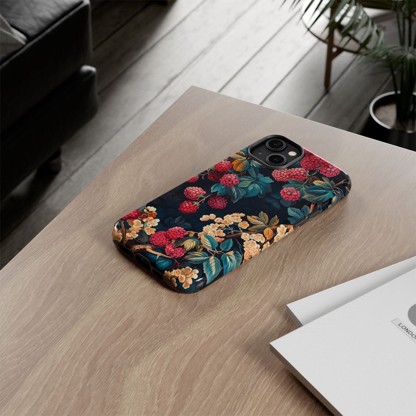 Floral Phone Case with Berry Design, Durable Phone Cover, Floral Print, Gift for Plant Lovers, Nature-Inspired Accessory