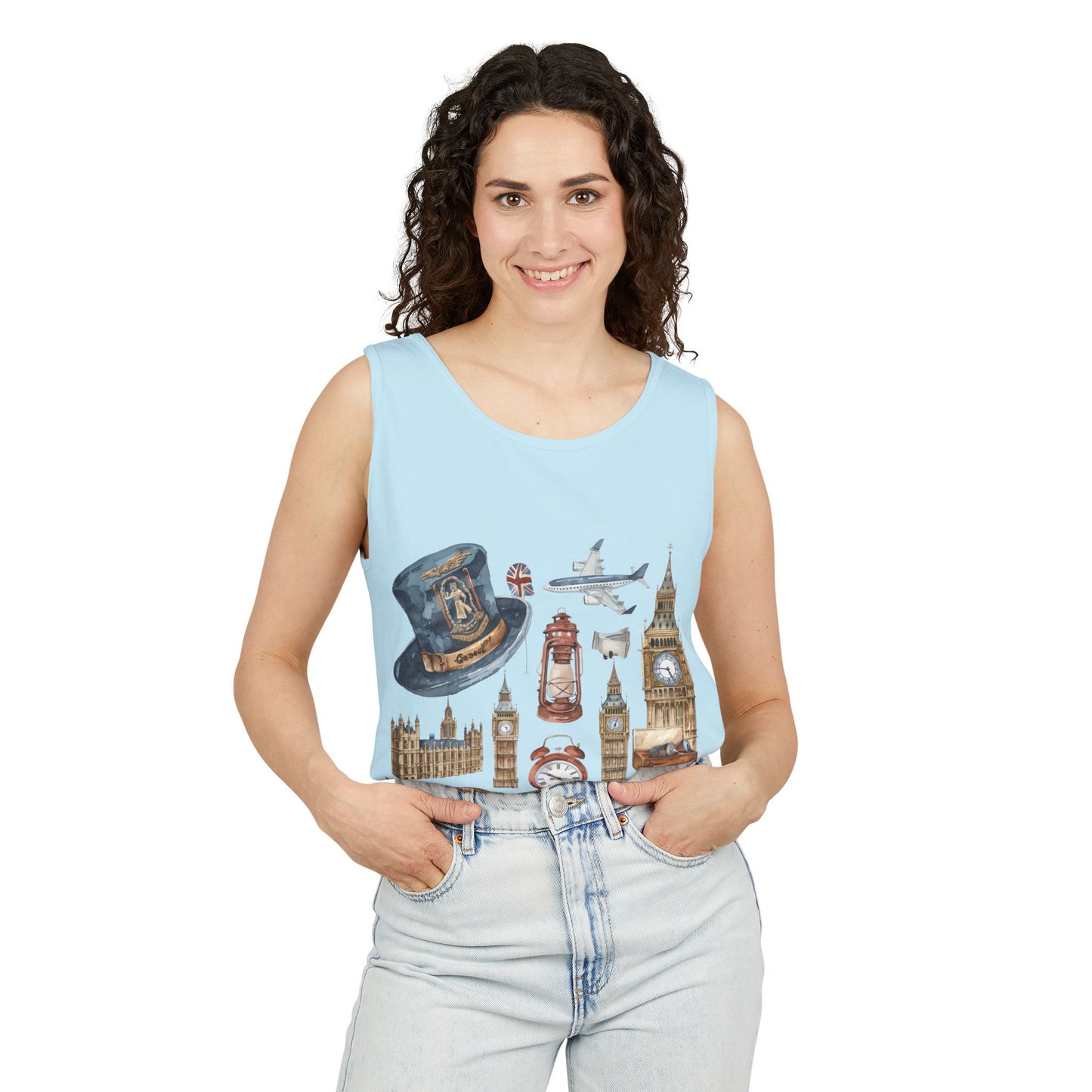 Unisex Garment-Dyed Tank Top - England Travel Icons Artistic Print