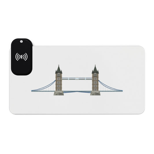 Tower Bridge Illustration - LED Gaming Mouse Pad with Wireless Charging Station, Perfect for Gamers, Desk Accessories, Home Office, Tech Gifts, Modern Design