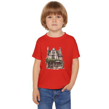 Toddler T-Shirt -  Rustic Vintage England House Artwork - Fun Blue Tee for Little Dreamers