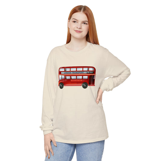 Unisex Garment-dyed Long Sleeve T-Shirt - Through London’s Streets - The Red Double-Decker