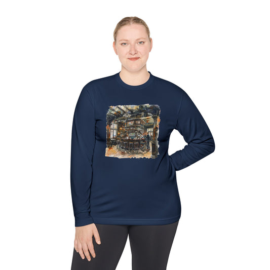 Unisex Lightweight Long Sleeve Tee - Rustic Bar Interior Watercolor Painting