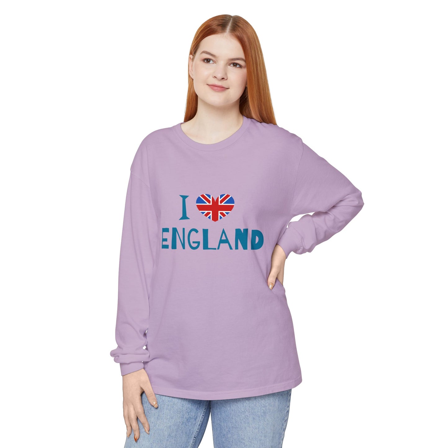 Unisex Garment-dyed Long Sleeve T-Shirt - I Love England - Union Jack Heart Design