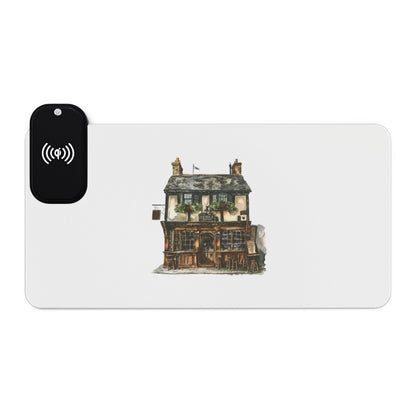 British Pub Exterior – Cozy Local Spot - LED Gaming Mouse Pad with Wireless Charging Station, Gamer Essentials, Desk Accessories, Tech Gifts, Modern Workspace