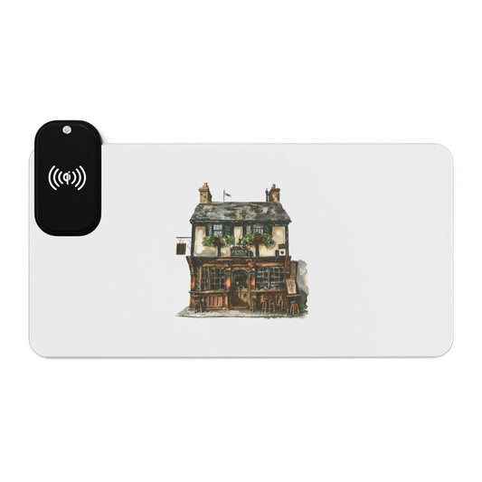 British Pub Exterior – Cozy Local Spot - LED Gaming Mouse Pad with Wireless Charging Station, Gamer Essentials, Desk Accessories, Tech Gifts, Modern Workspace