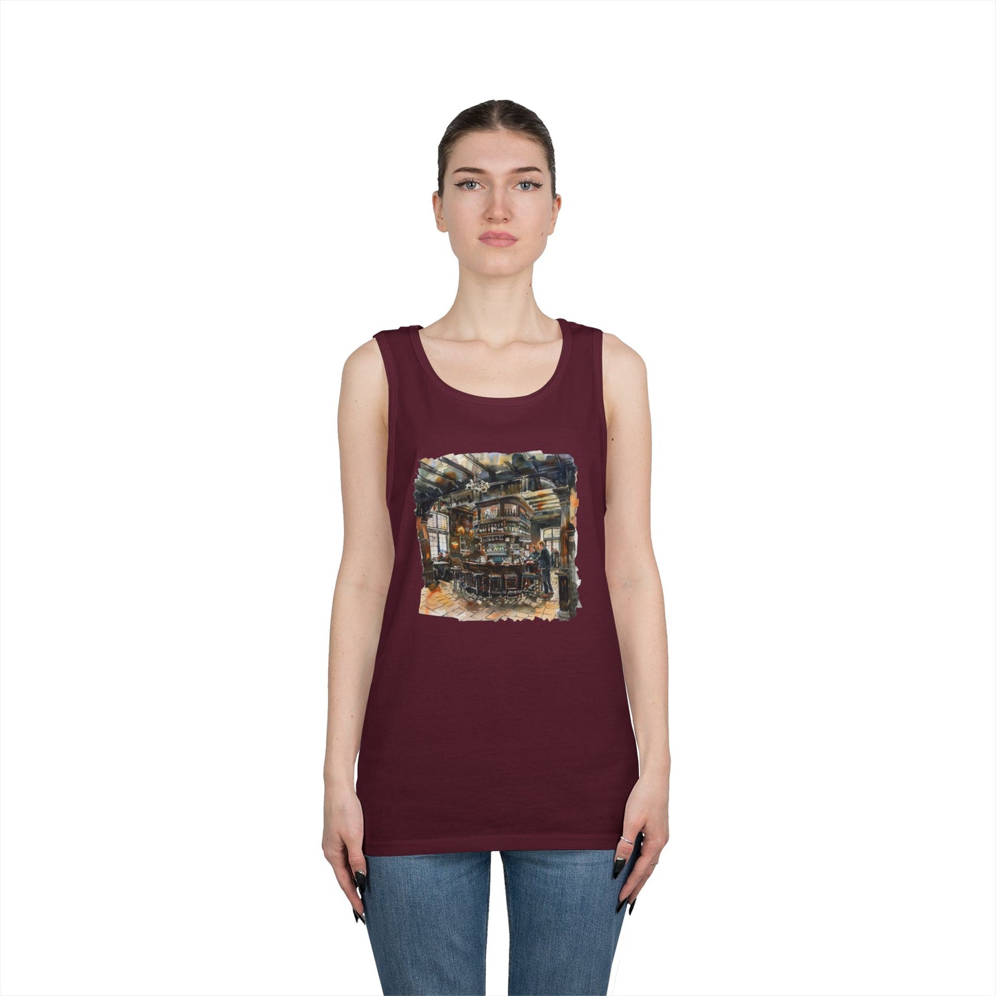 Unisex Heavy Cotton Tank Top - Rustic Bar Interior Watercolor Painting