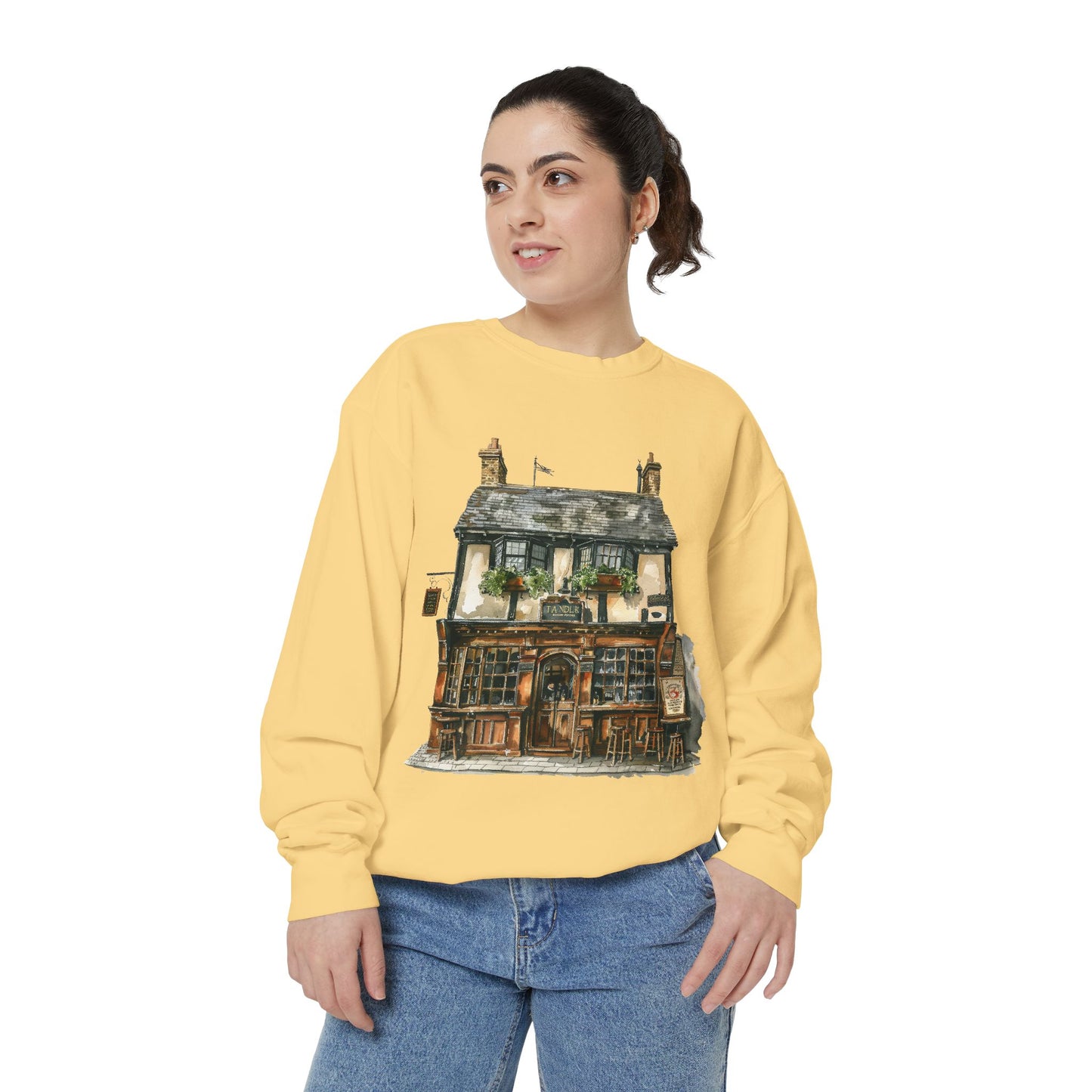 Unisex Garment-Dyed Sweatshirt - From Thatched Roofs to Stone Walls - British Village Houses