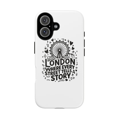 London Story Phone Case, Tough iPhone Cover, Gift for Travelers, London Souvenir, Black Typography Design