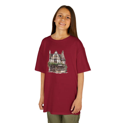 Kids Heavy Cotton Tee - Rustic Vintage England House Artwork - Perfect Gift for Young Dreamers