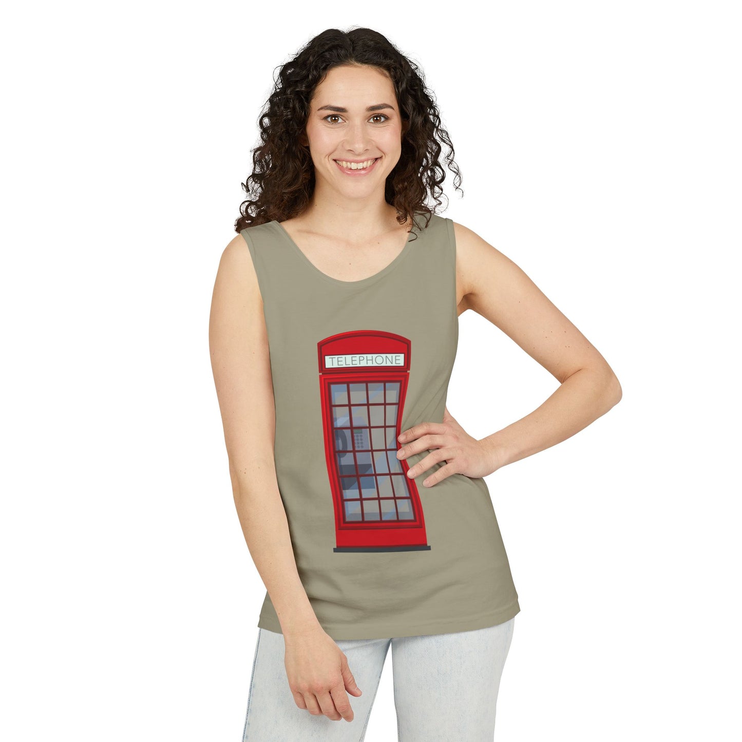 Unisex Garment-Dyed Tank Top - Iconic British Public Telephone - Classic Red Phone Box Design