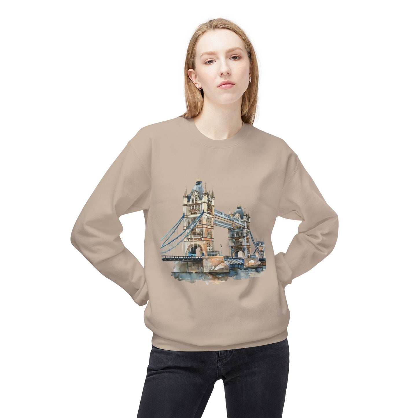 Unisex Midweight Softstyle Fleece Crewneck Sweatshirt - London Bridge - Iconic Landmark and Historical Beauty
