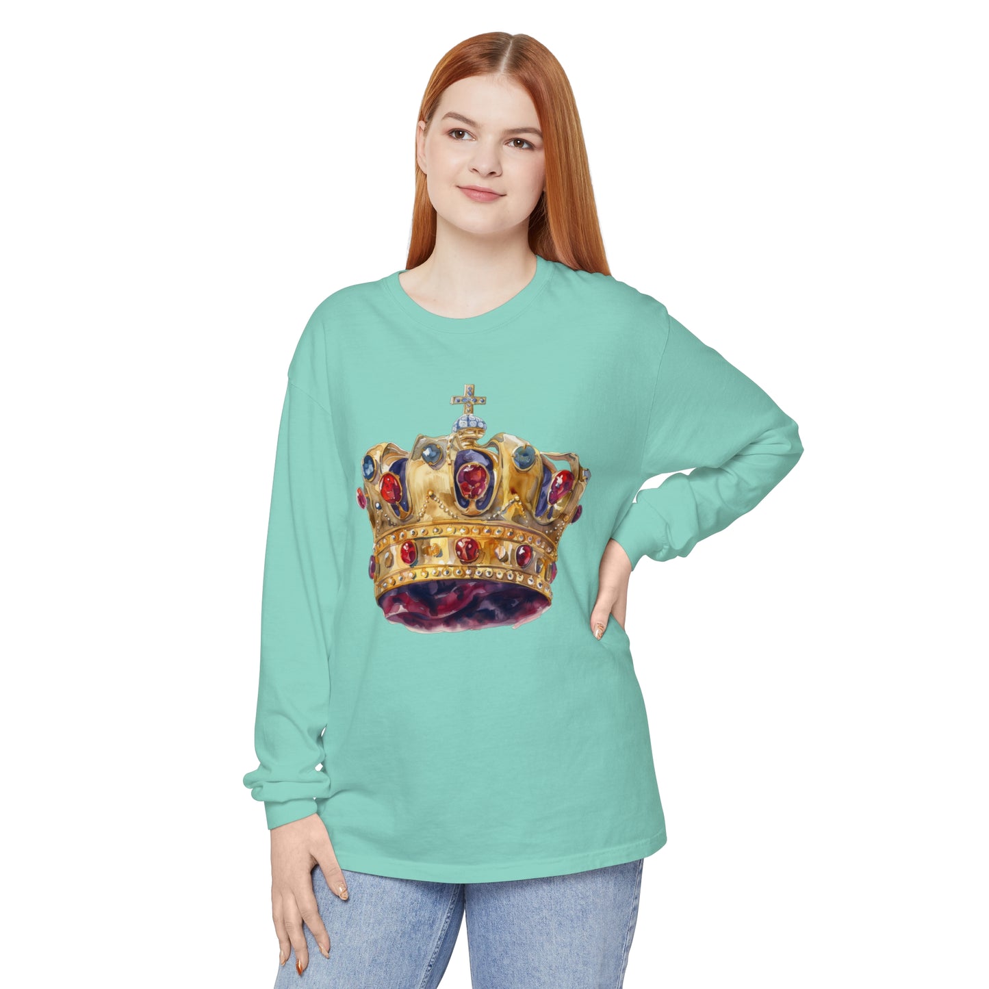 Unisex Garment-dyed Long Sleeve T-Shirt - British Royal Crown Design - Iconic Symbol of Monarchy
