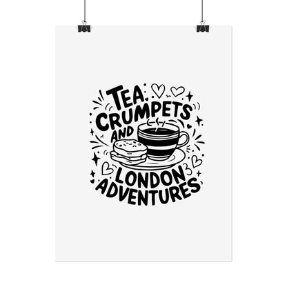 London Adventure Tea Crumpet Rolled Poster, Cute Wall Art, Gift for Tea Lovers, Home Decor, Travel Enthusiasts