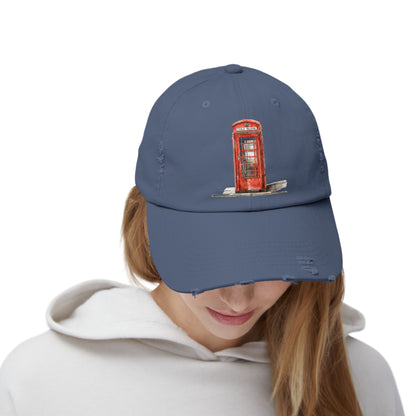 London Phone Booth Distressed Cap, Vintage Style Baseball Hat, Travel Accessory, Gift for Travelers, Unisex Fashion Headwear
