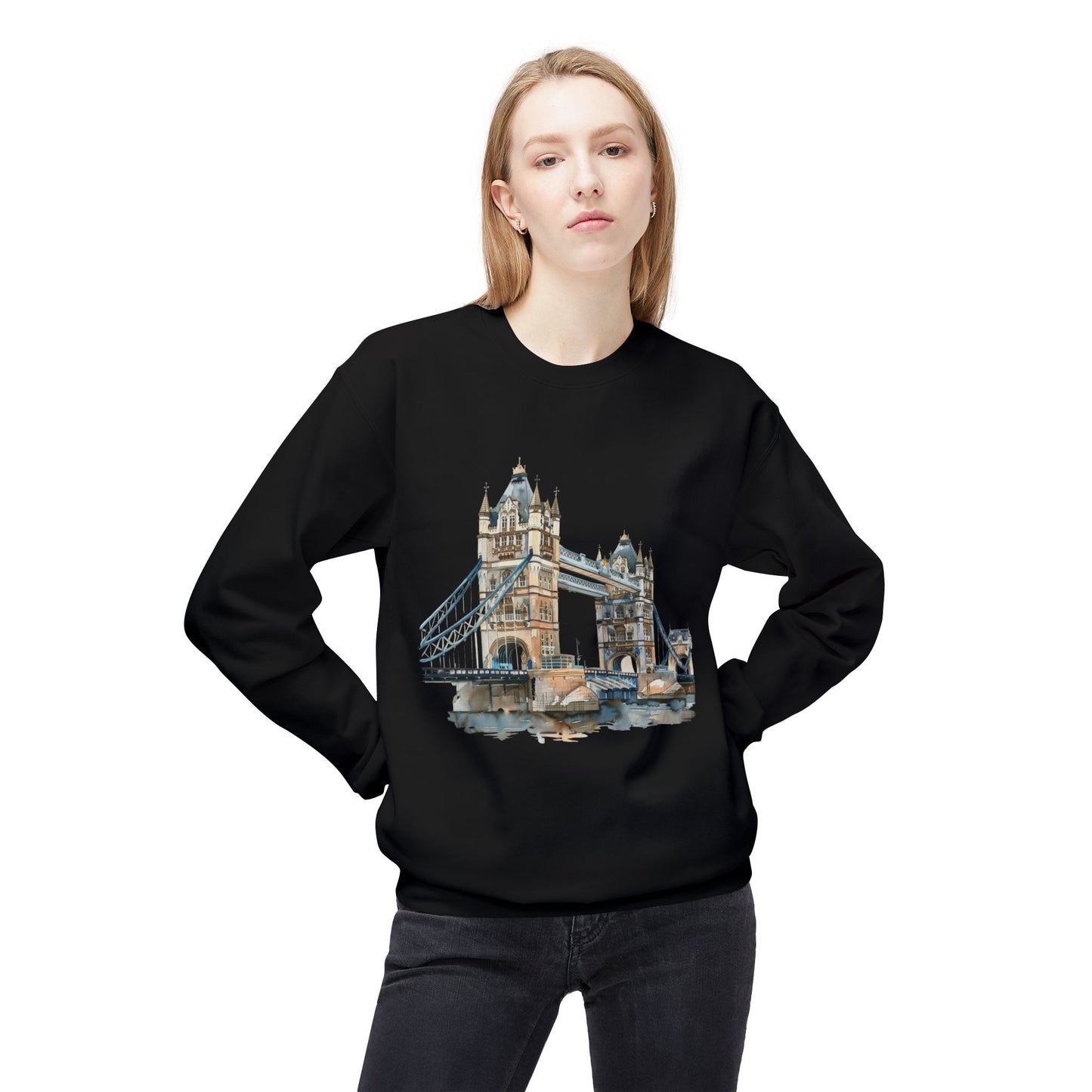 Unisex Midweight Softstyle Fleece Crewneck Sweatshirt - London Bridge - Iconic Landmark and Historical Beauty