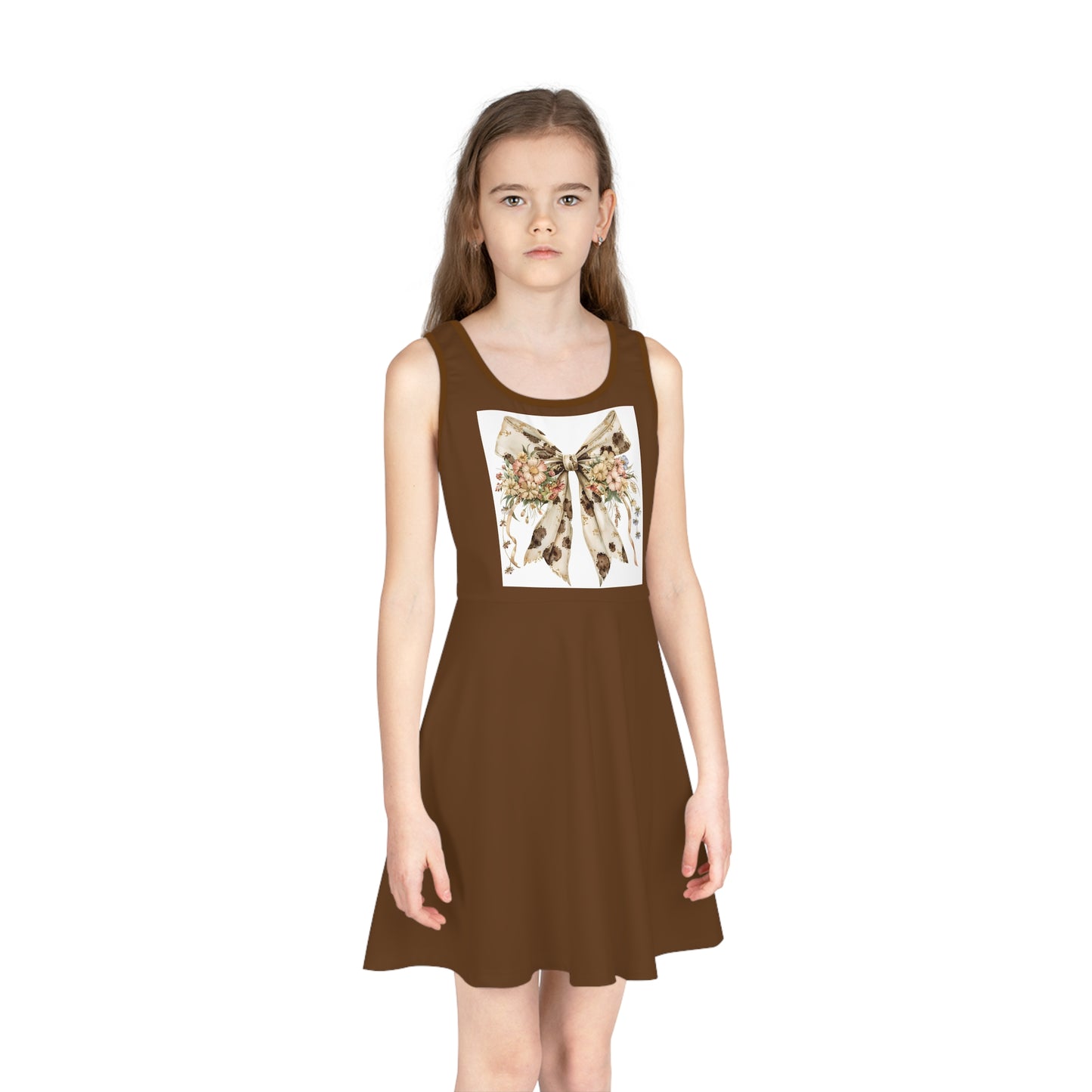 Girls' Sleeveless Sundress  - Elegant Cowhide Ribbon Bow with Wildflower Bouquet