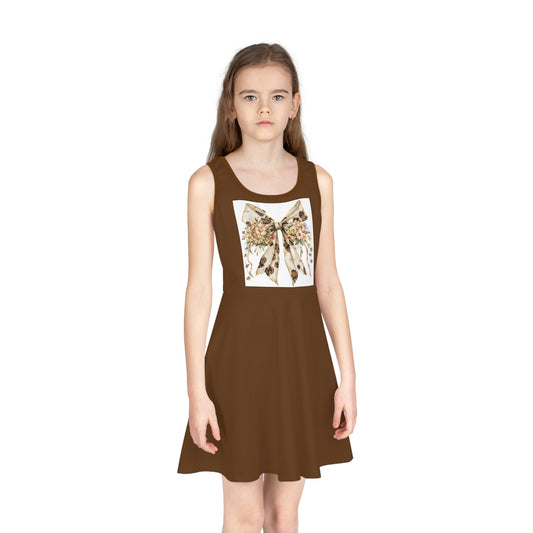 Girls' Sleeveless Sundress  - Elegant Cowhide Ribbon Bow with Wildflower Bouquet