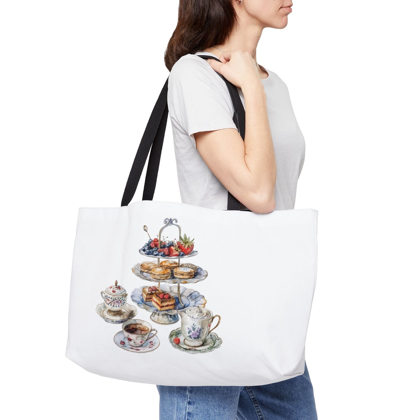 Elegant Tea Party Weekender Tote Bag, Stylish Beach Bag, Gift for Tea Lovers, Spring Picnic Accessory, Floral Design Carryall