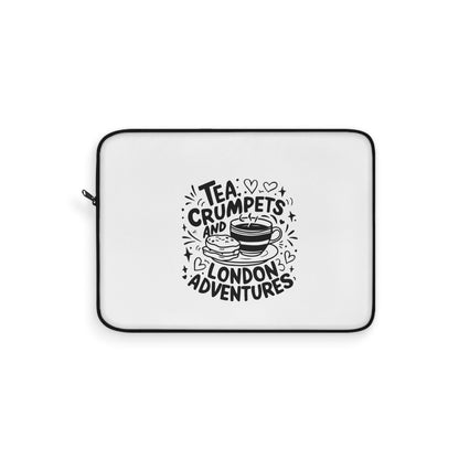 Cute London Adventure Laptop Sleeve, Tea Lovers Gift, Crumpets Design, Travel Accessory, Stylish Computer Case
