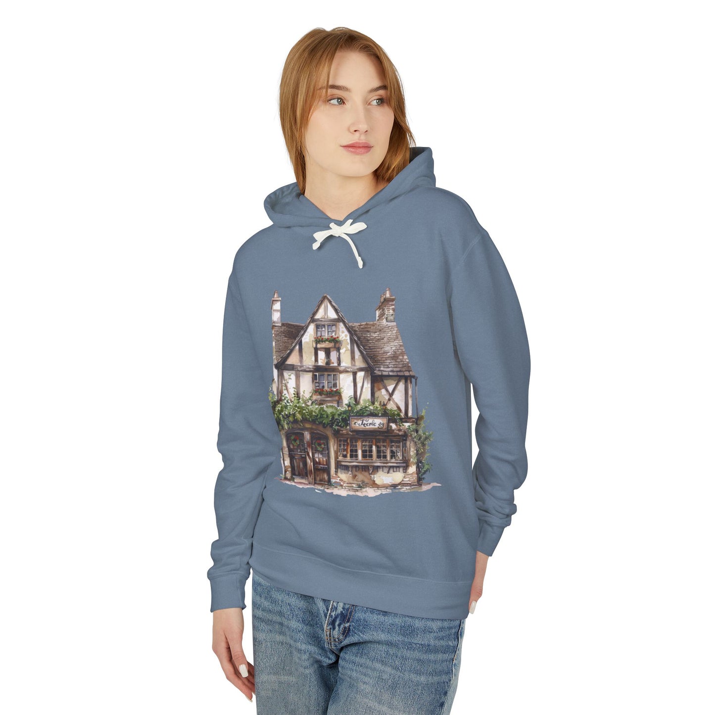 Unisex Lightweight Hooded Sweatshirt - Village Serenity - The Classic English Countryside Home