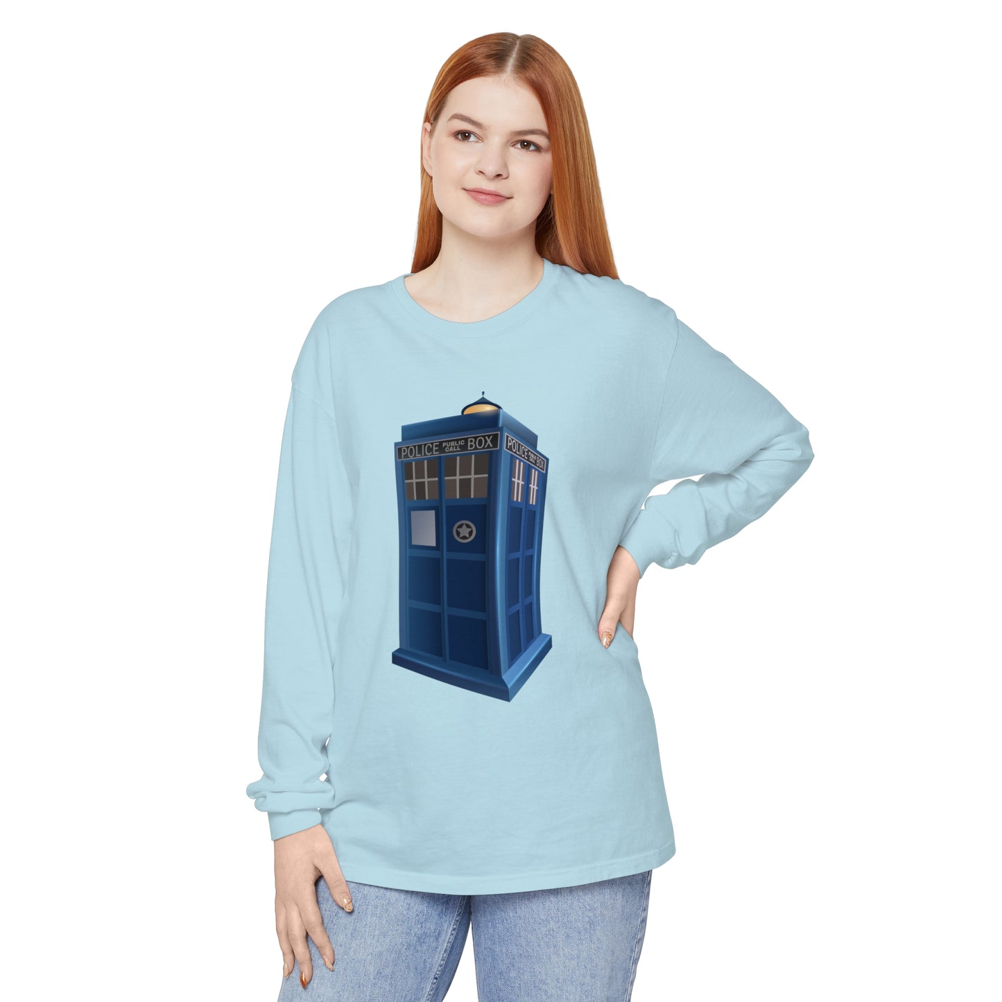 Unisex Garment-dyed Long Sleeve T-Shirt - British Police Public Call Box - Iconic TARDIS Design