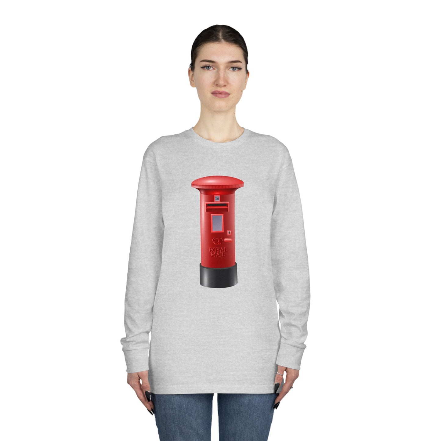 Long Sleeve Crewneck Tee - Classic UK Royal Mailbox Design - British Postbox Icon