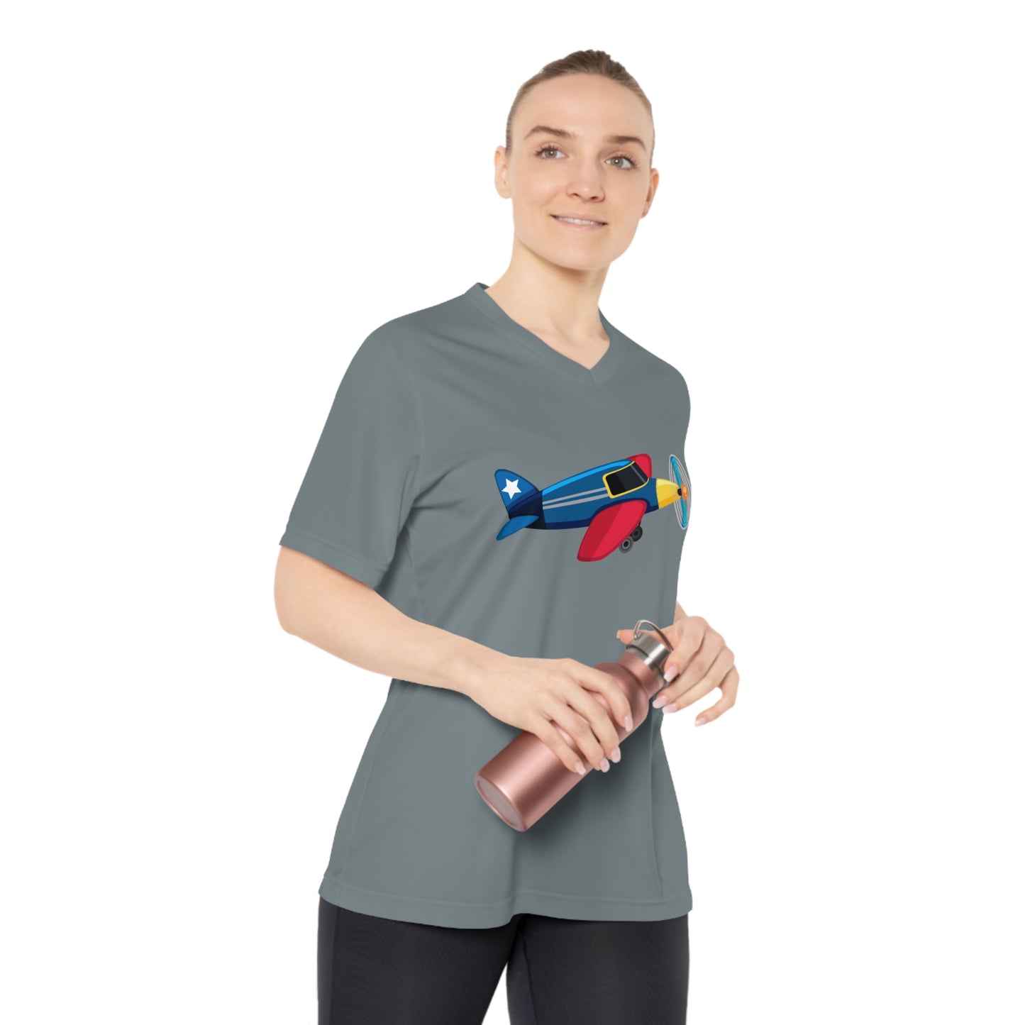 Women's Performance V-Neck T-Shirt - Retro Airplane Design for Aviation Enthusiasts