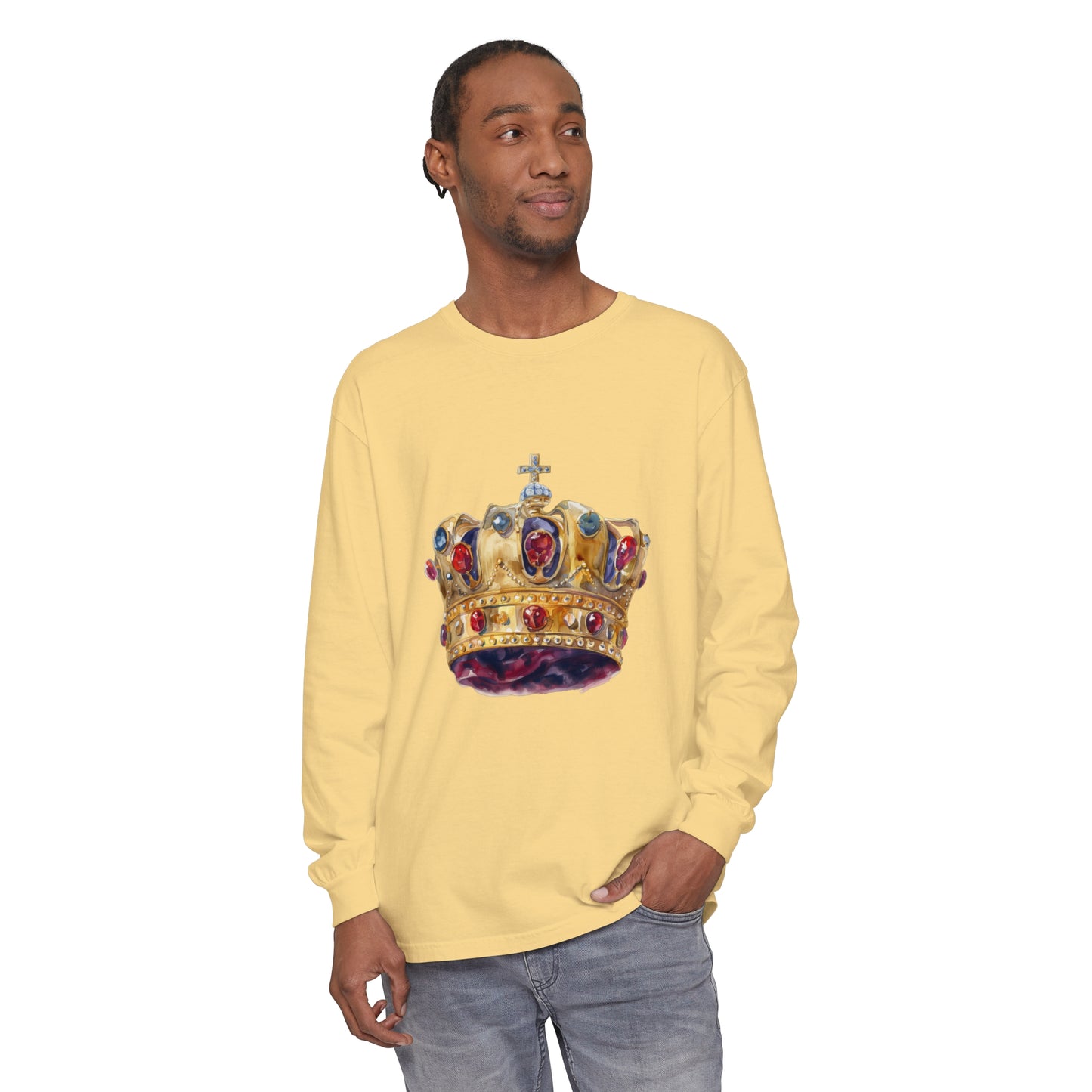 Unisex Garment-dyed Long Sleeve T-Shirt - British Royal Crown - Symbol of Regal Elegance and Authority