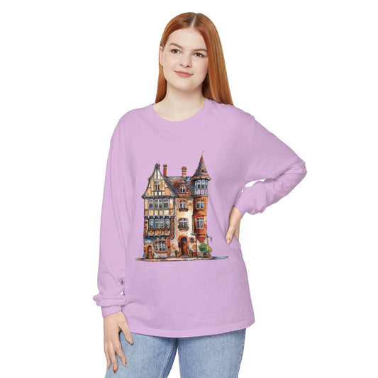 Unisex Garment-dyed Long Sleeve T-Shirt - Charming British House - Classic Design and Warmth