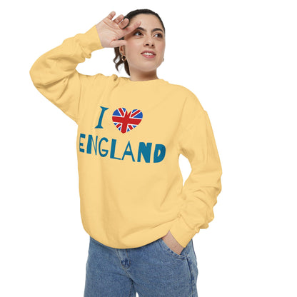 Unisex Garment-Dyed Sweatshirt - I Love England - Union Jack Heart Design