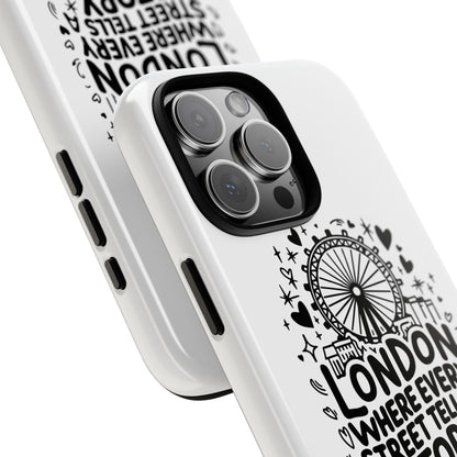 London Story Phone Case, Tough iPhone Cover, Gift for Travelers, London Souvenir, Black Typography Design