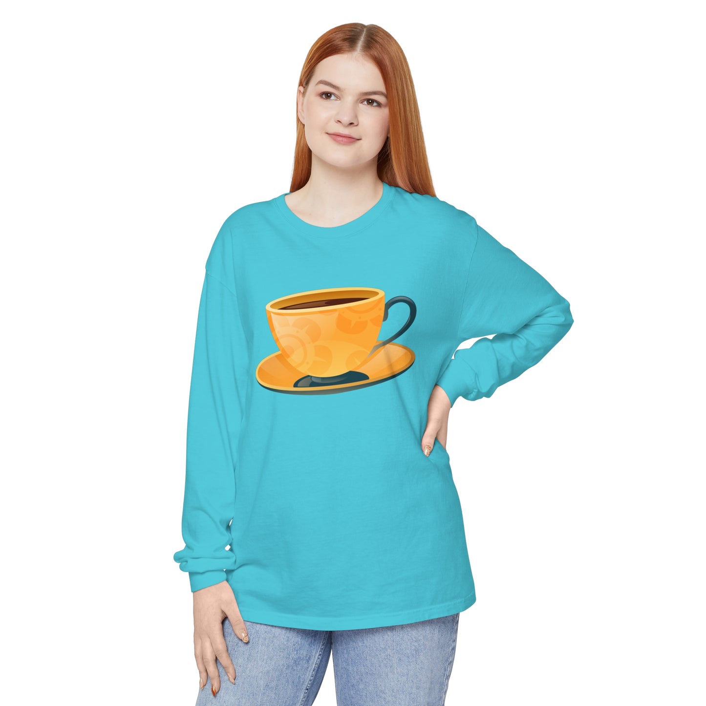 Unisex Garment-dyed Long Sleeve T-Shirt - Elegant British Tea Cup - Classic Tea Time Style