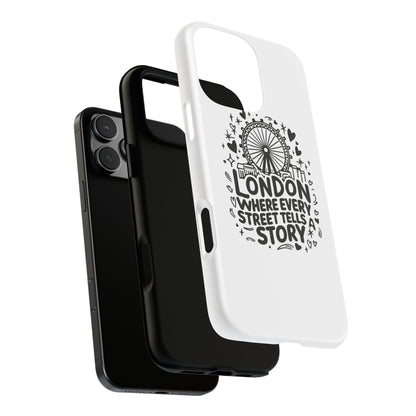 London Story Phone Case, Tough iPhone Cover, Gift for Travelers, London Souvenir, Black Typography Design