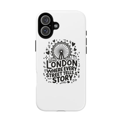 London Story Phone Case, Tough iPhone Cover, Gift for Travelers, London Souvenir, Black Typography Design