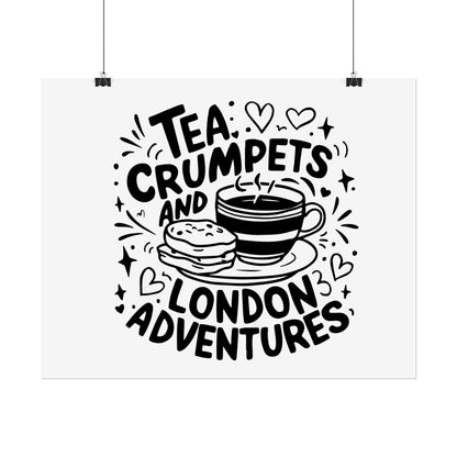 London Adventure Tea Crumpet Rolled Poster, Cute Wall Art, Gift for Tea Lovers, Home Decor, Travel Enthusiasts
