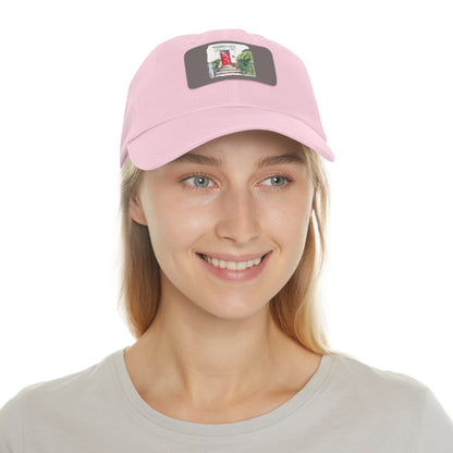 Red Door with Flowers Pink Dad Hat with Leather Patch, Casual Cap for Everyday Wear, Stylish Sun Hat, Gift for Dad, Summer Accessory