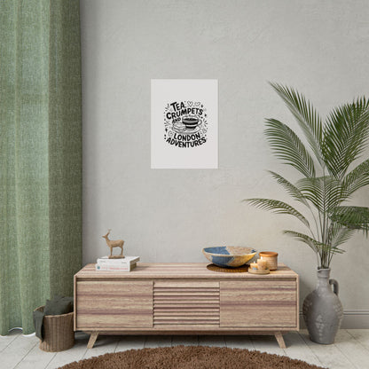 London Adventure Tea Crumpet Rolled Poster, Cute Wall Art, Gift for Tea Lovers, Home Decor, Travel Enthusiasts