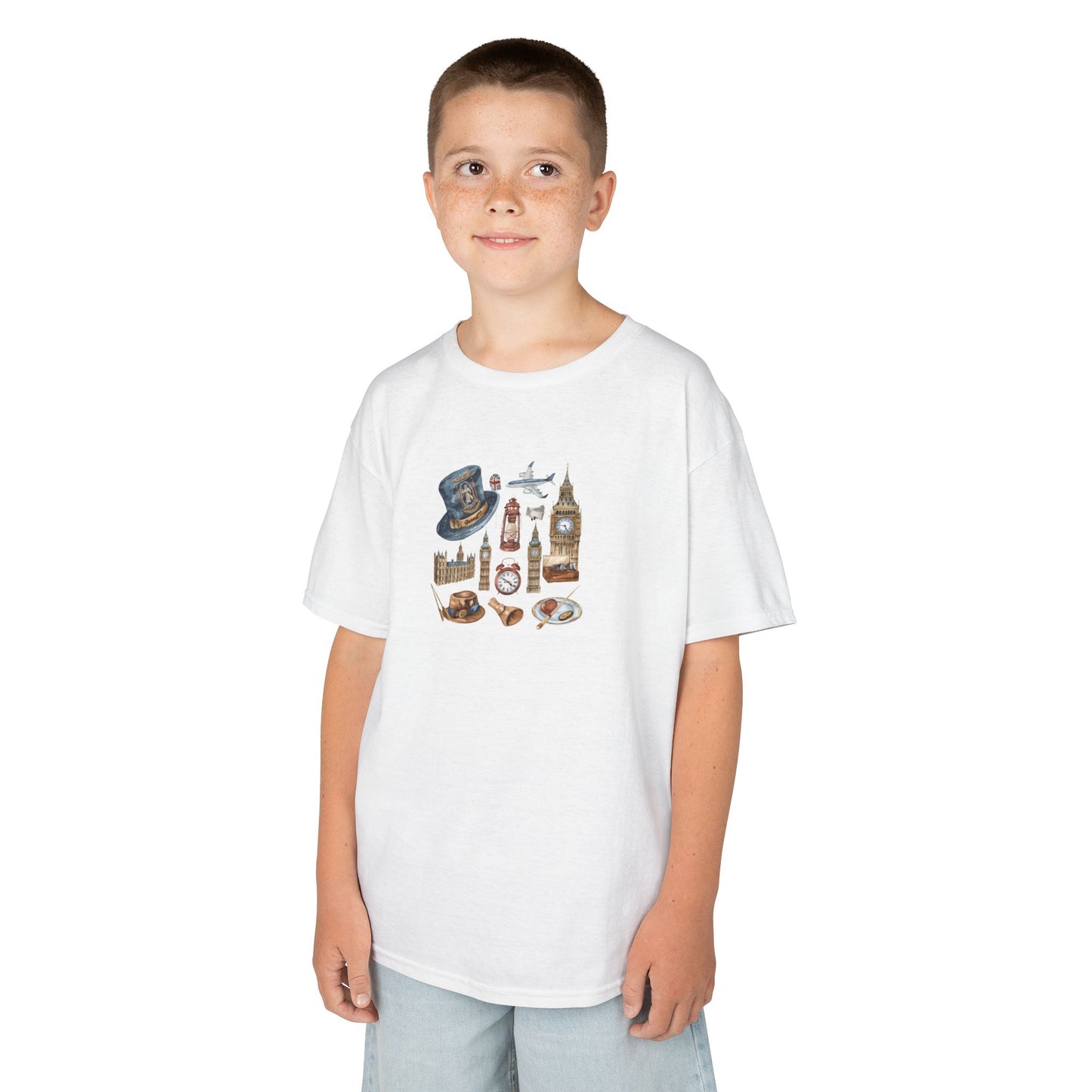 Kids  Tee - Watercolor England Icons Wall Art -  Fun Heavy Cotton Shirt for Travel Lovers