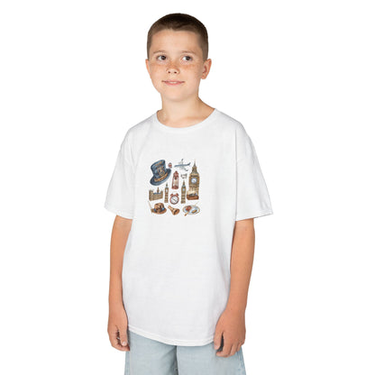 Kids  Tee - Watercolor England Icons Wall Art -  Fun Heavy Cotton Shirt for Travel Lovers