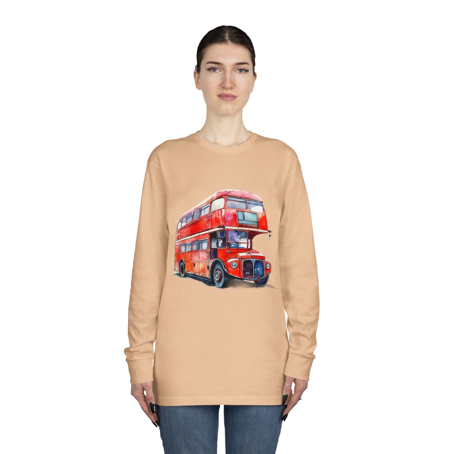 Long Sleeve Crewneck Tee - London Transport English Bus - Iconic Red Double-Decker Design