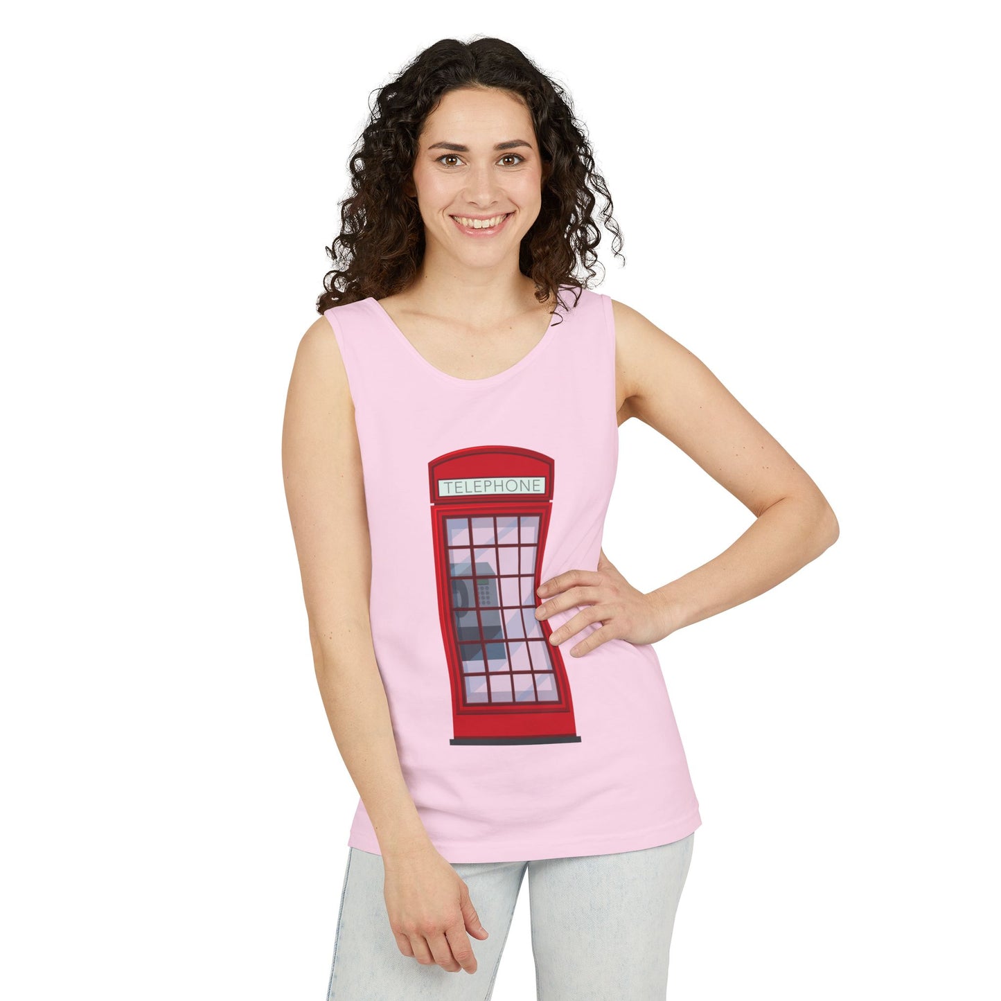 Unisex Garment-Dyed Tank Top - Iconic British Public Telephone - Classic Red Phone Box Design