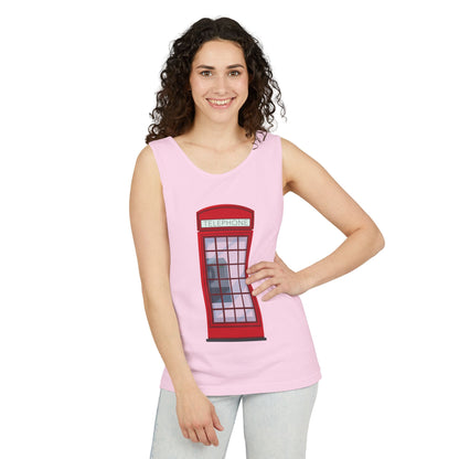 Unisex Garment-Dyed Tank Top - Iconic British Public Telephone - Classic Red Phone Box Design